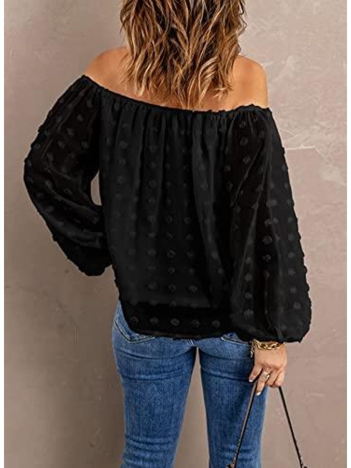 Women's Off The Shoulder Chiffon Blouses Summer Long Sleeves Pom Pom Tops Shirts 