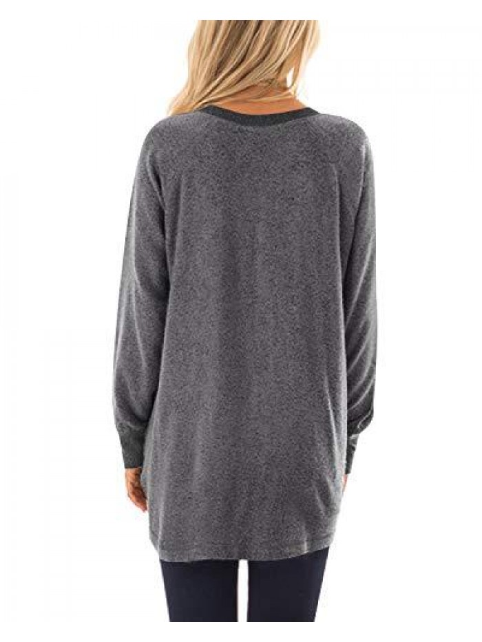 Womens Casual Color Block Long Sleeve Round Neck Pocket T Shirts Blouses Sweatshirts Tops 
