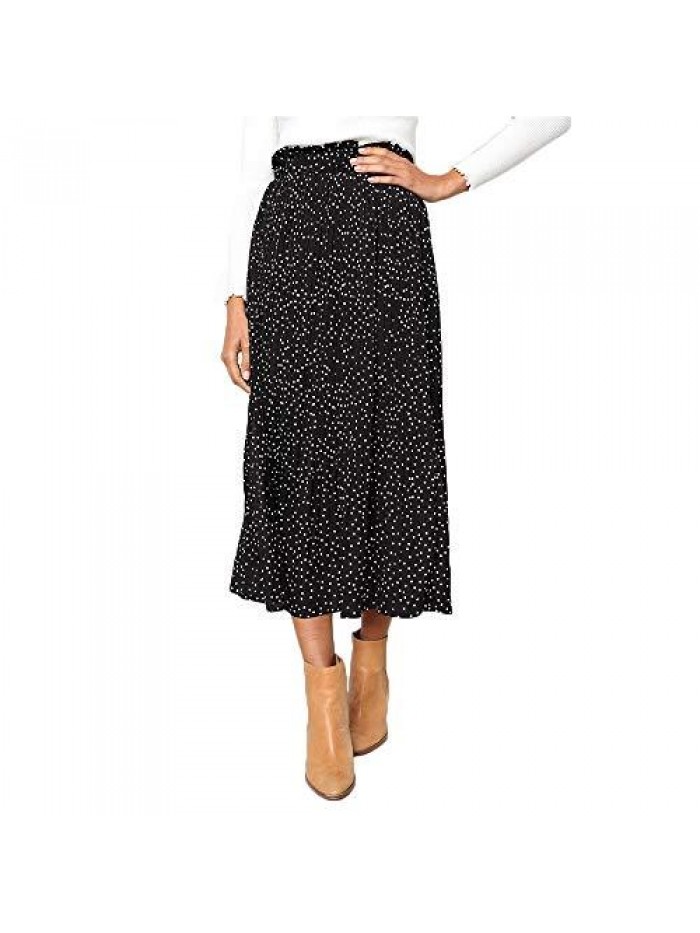 Womens High Waist Polka Dot Pleated Skirt Midi Swing Skirt with Pockets 