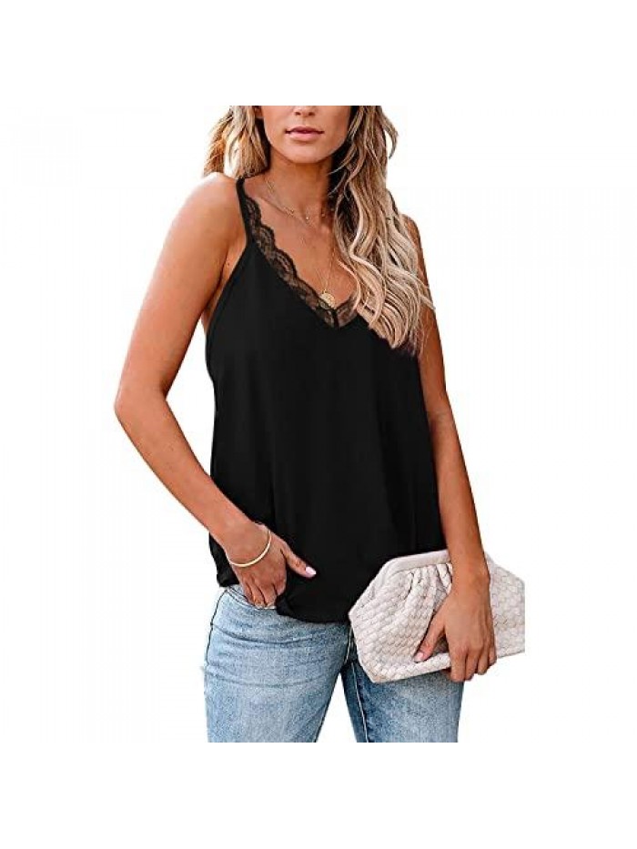 Lace Trim Spaghetti Strap V-Neck Cami Tank Tops for Women Summer Dressy Silk Crushed Cami Shirt Camisole Casual 