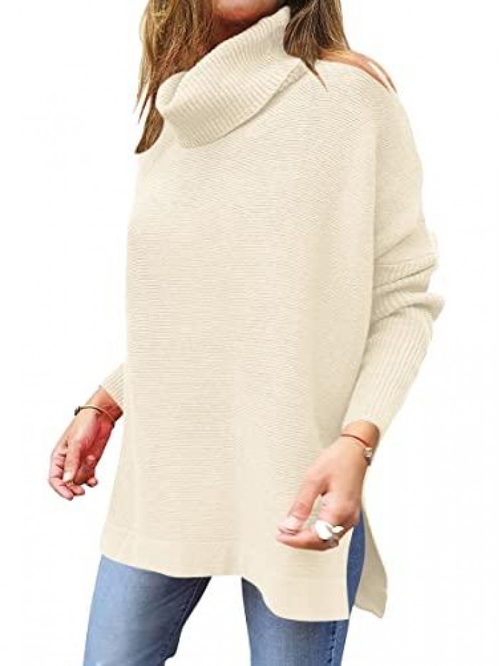 Women's Turtleneck Oversized 2021 Winter Long Batwing Sleeve Spilt Hem Knit Tunic Pullover Sweater Tops 