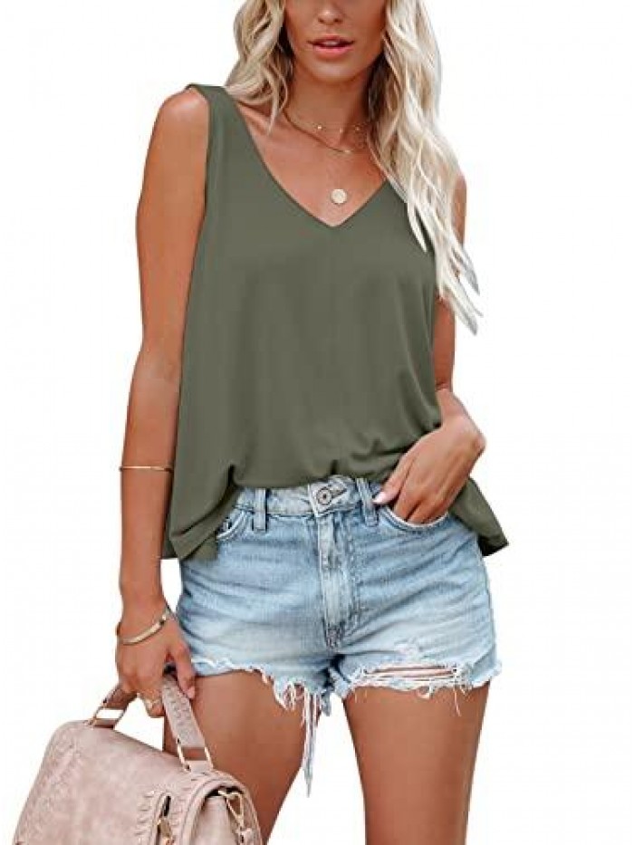 Women Summer V Neck Tank Tops Sleeveless Flowy Shirts Loose Casual Tunic Blouses 