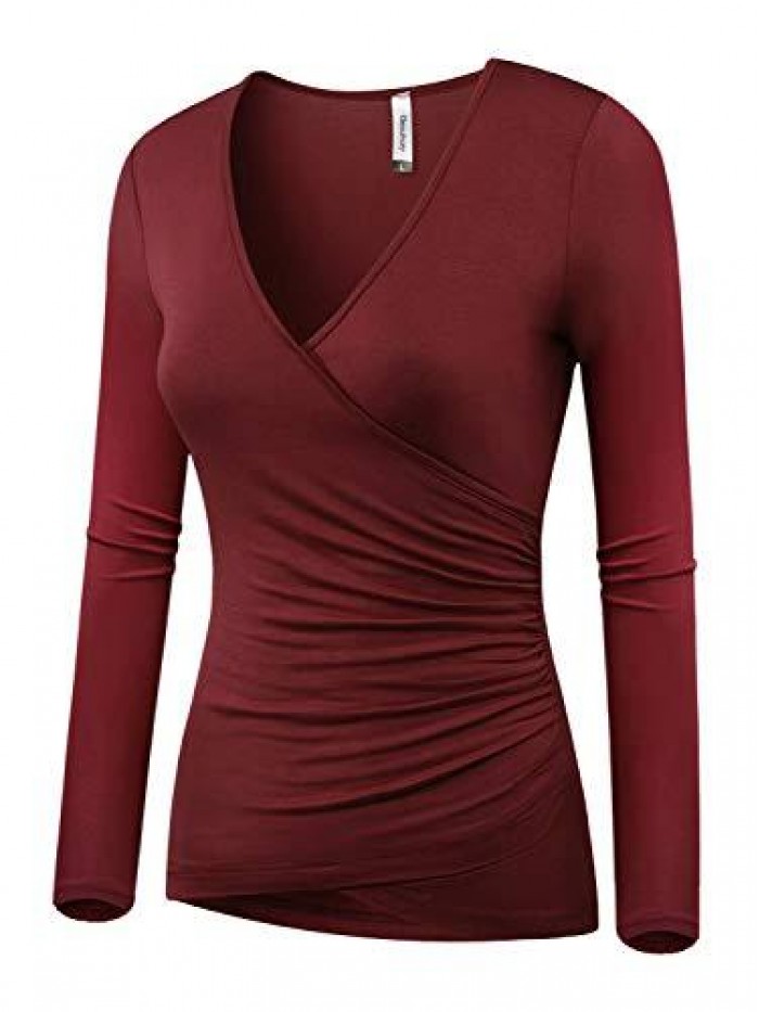 Women's Top Deep V Neck Slim Fitted T-Shirt Front Surplice Wrap Short/Long Sleeve Tees 