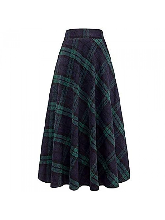Fall Skirt for Women's Elastic Waist Wool Plaid Maxi Skirts A-Line Pleated Flare Long Skirt 
