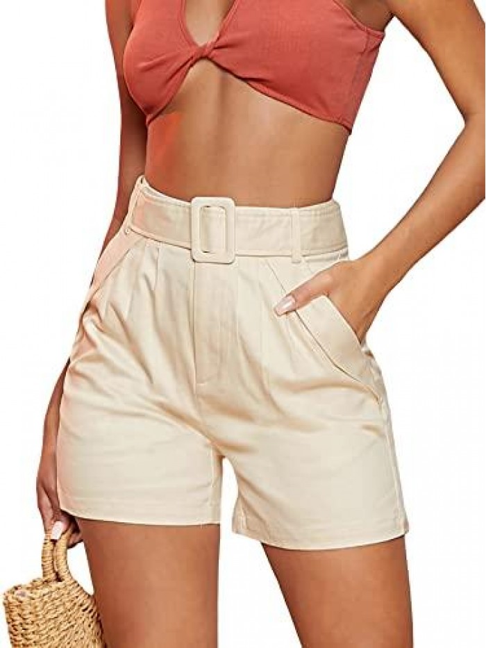 Women's Summer High Waist Belted Work Office Pleated Shorts with Pockets 