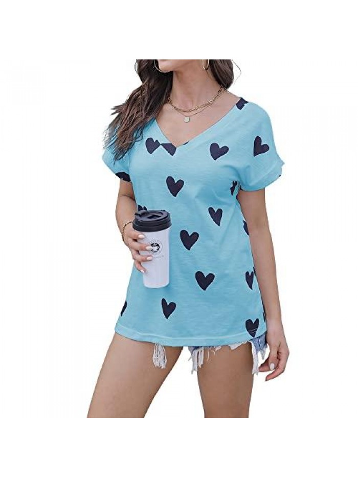 Print Heart V Neck T Shirts Casual Loose Short Sleeve Tee Soft Fashion Shirt Summer Tops 