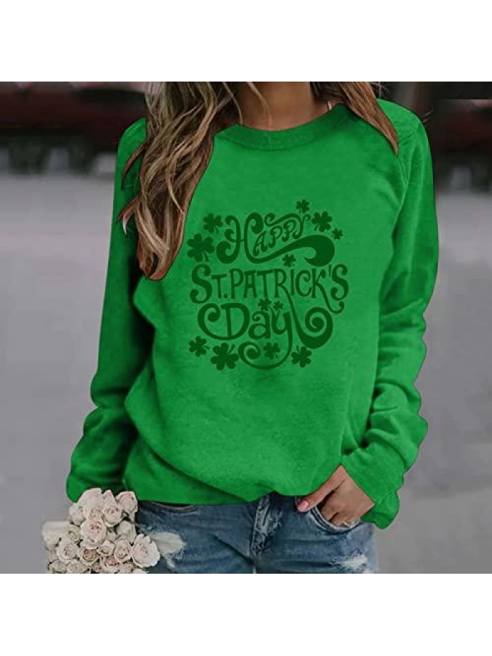 Casual Long Sleeve Shirts for Womens HAPPY St. Patrick's Day Letter Printing Shamrock Sweatshirt Comfy Plus Size Tops 