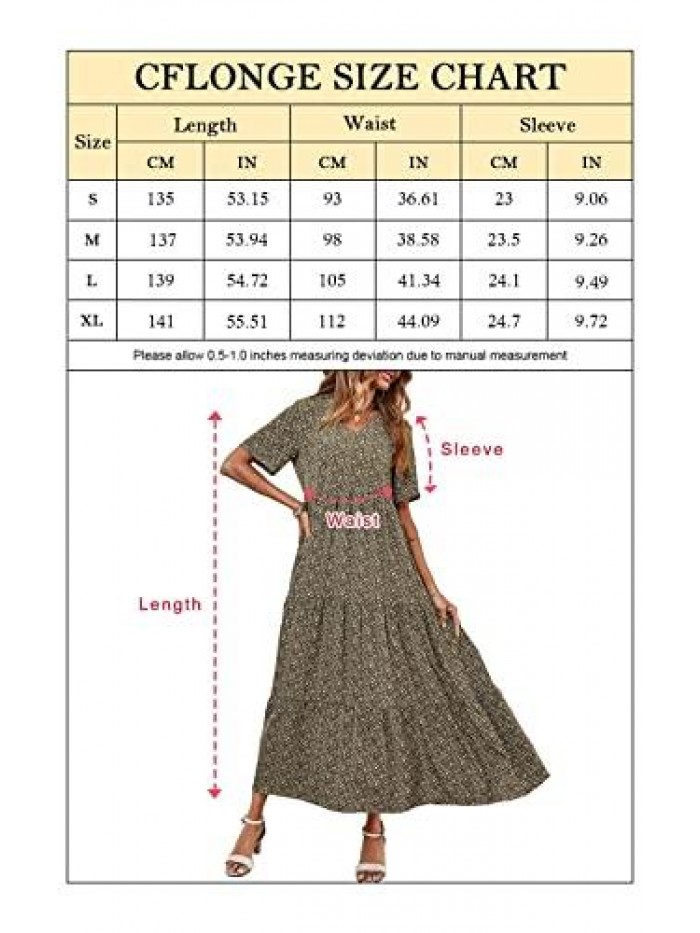 Women’s Summer Short Sleeve V Neck Floral Print Tiered Maxi Dress High Waist Boho Flowy Long Dress 