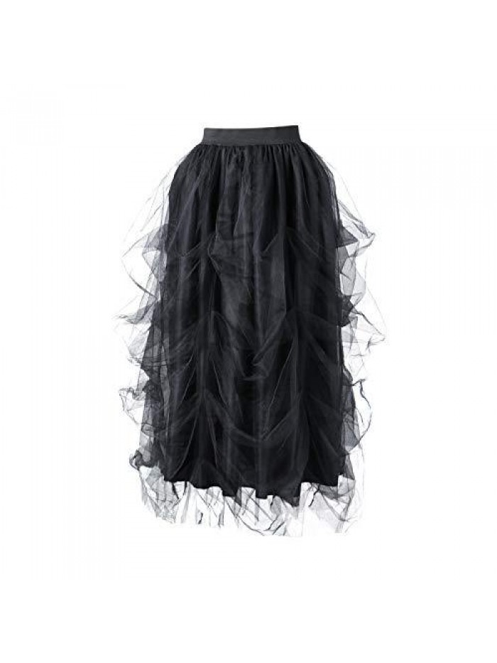 Tulle Ruffle Skirt Puff Mesh Maxi Skirt A-Line Front Split Wedding Princess Long Skirt Layered Half Dress 