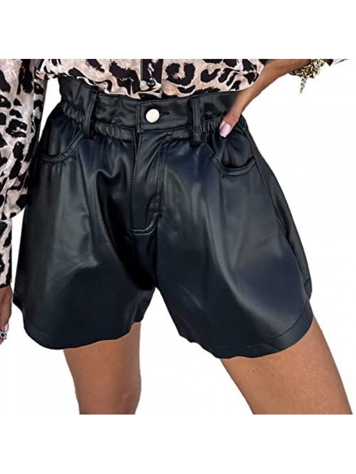 Waist Button PU Shorts Fall Winter Fashion Women Faux Leather Flared Shorts Casual Office Lady Loose Bottoms 