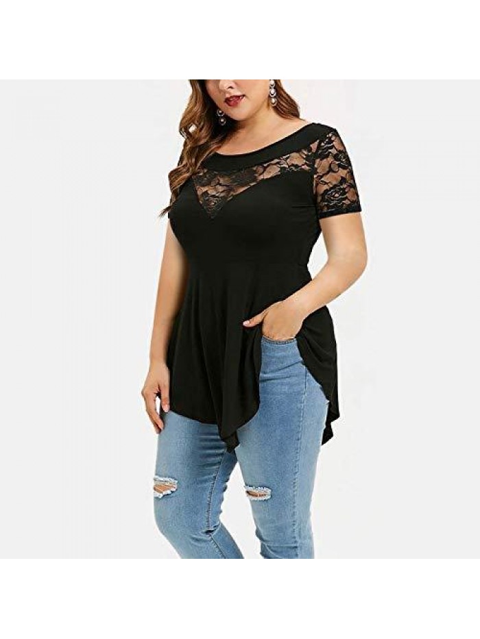 Womens Plus Size Tops O-Neck Asymmetric Short Sleeve Tunics Lace Blouse Shirts for Summer Casual S-5X 