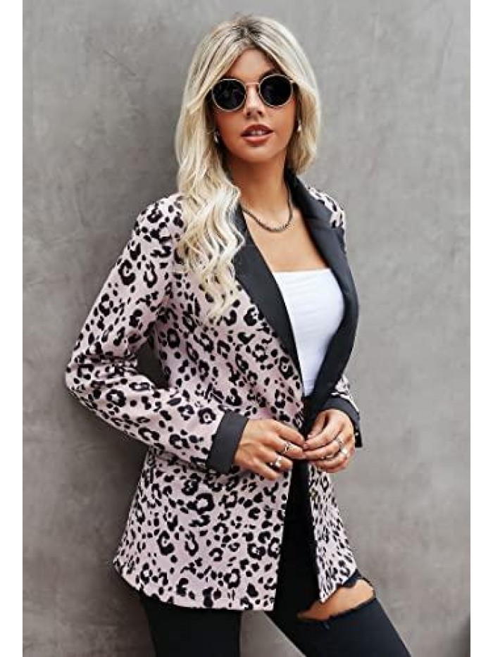 Womens Casual Long Sleeve Leopard Print Open Front Office Blazer Suit Jacket Coat 