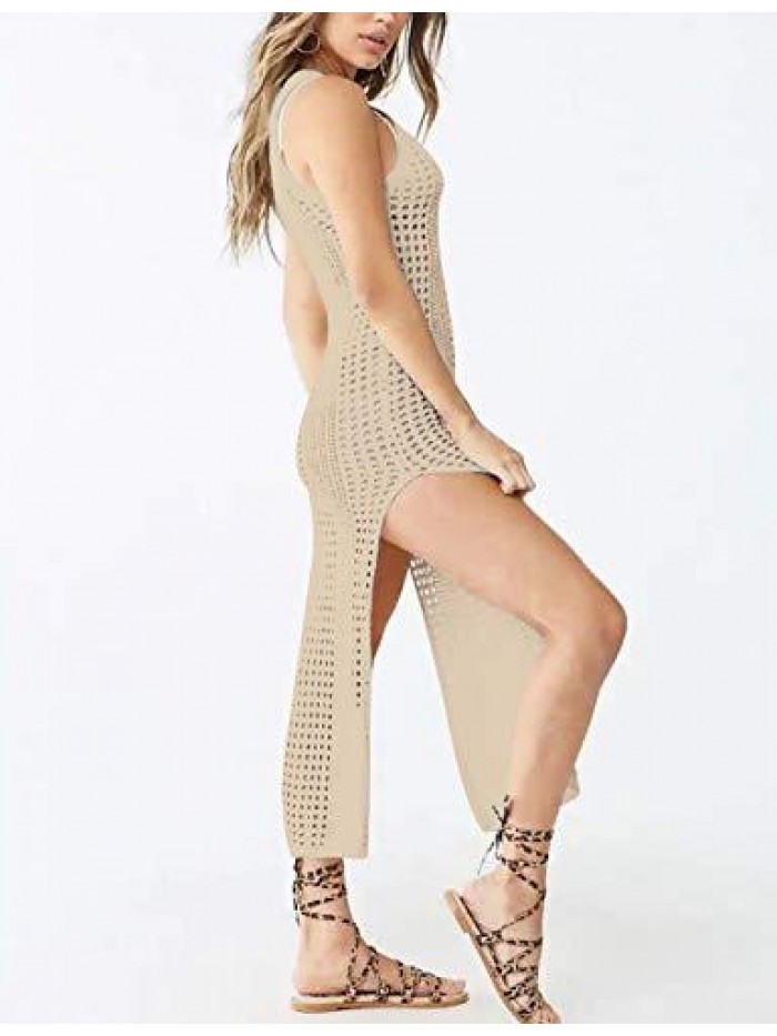 Crochet Cover Ups for Women Hollow Out Sleeveless Bikini Swimsuit Swimwear Side Split Long Beach Dresses 