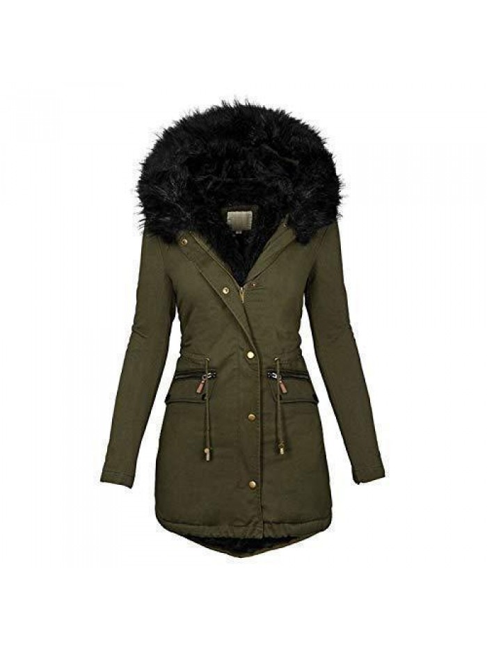 Puffer Jacket Womens Plus Size Thick Coats Chunky Lined Overcoats Solid Zipper Winter Outerwear with Fur Hood 