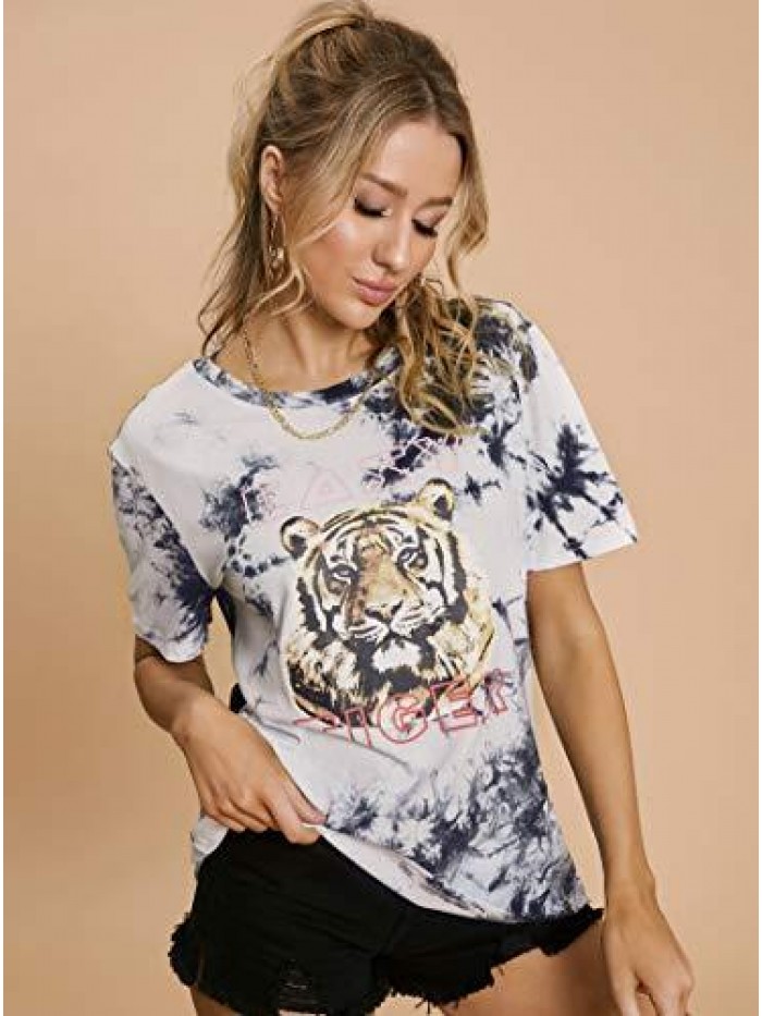 CHOICE Women Tiger Tee Shirt Short Sleeve Tie dye Graphic Round Neck Casual Cute Top 