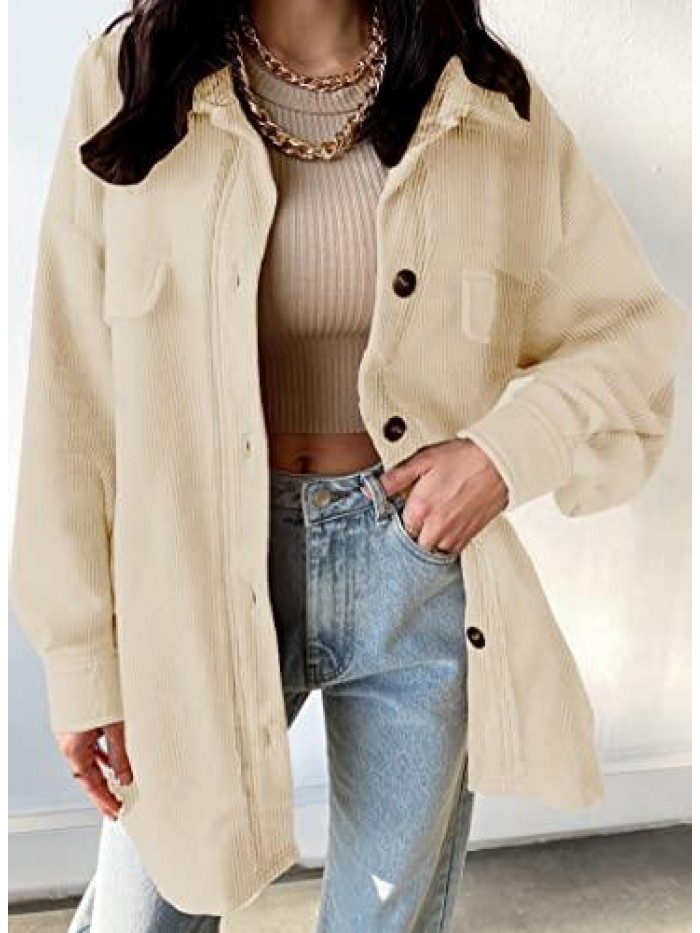 Womens Corduroy Shacket Blouses Button Down Shirts Pocket Long Sleeves Tops Jacket Coats 