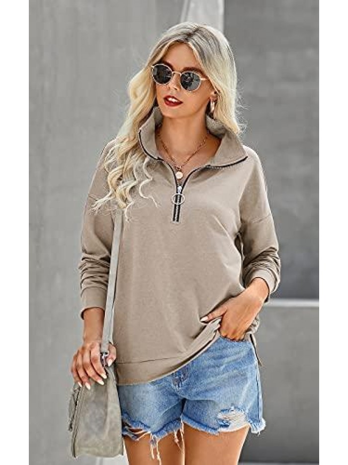 Women's Causal 1/4 Zip Pullover Long Sleeve Collar Sweatshirts Solid Activewear Running Jacket 