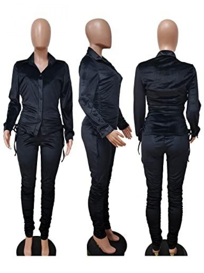 Sweatsuits for Women Set 2 Piece Tracksuit Velvet Ruched Long Sleeve Shirts and Jogging Pants Outfits 