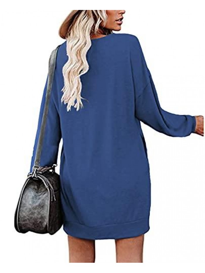 Womens Long Sleeve Crewneck Sweatshirt Tunic Tops Casual Lightweight Sweatshirt Dress with Pockets 