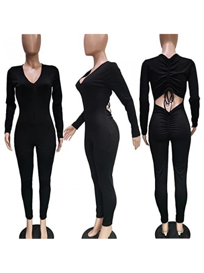 Bodycon Jumpsuits for Women Long Sleeve Solid Drawstring Cutout Ruched Detail Bodycon Long Jumpsuit Rompers S-2XL 
