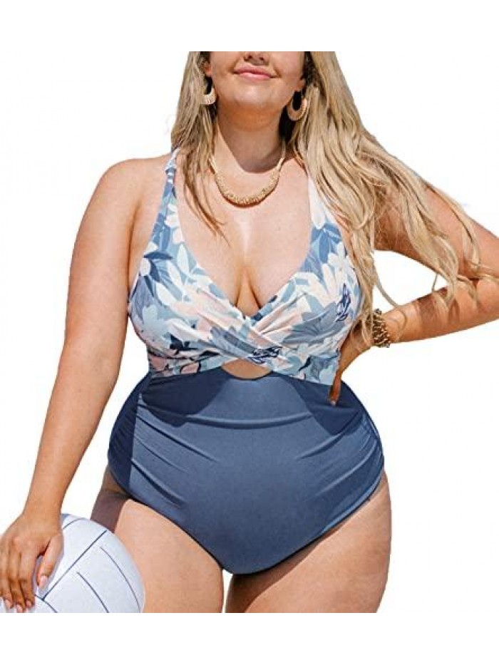 Women's Plus Size One Piece Swimsuit Tropical Crisscross Back Tie Ruched Bathing Suit 