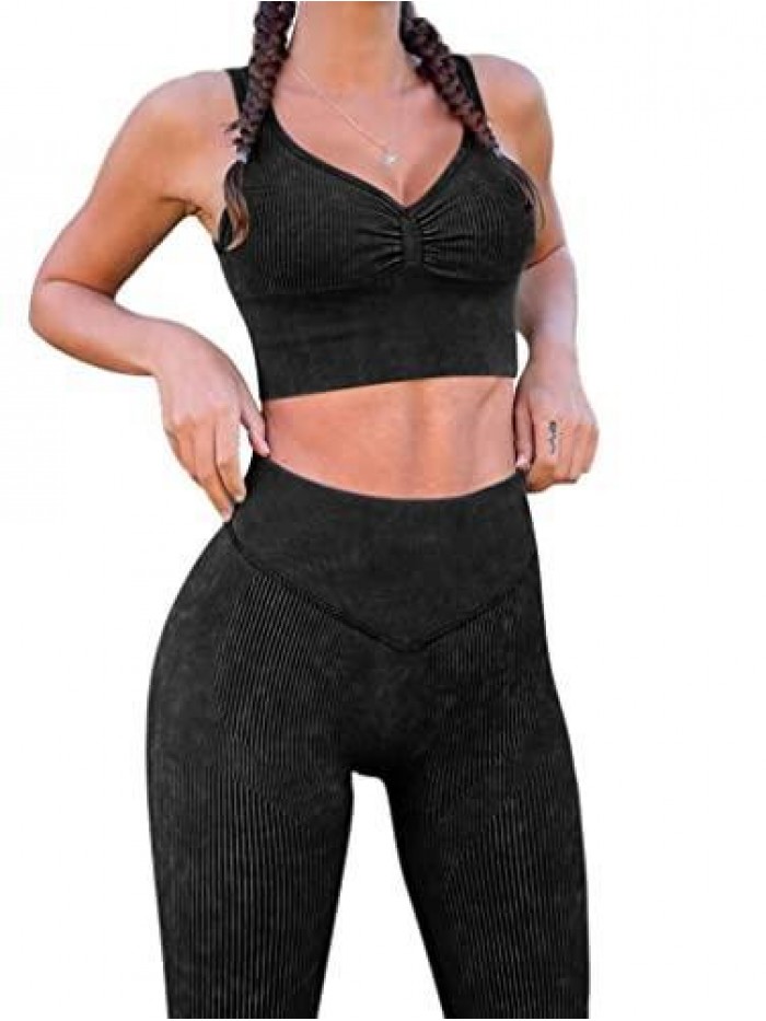 Athletic Outfits for Women 2 Piece Acid Wash Ribbed High Waist Leggings Crop Top With Sports Bra Exersicse Set 