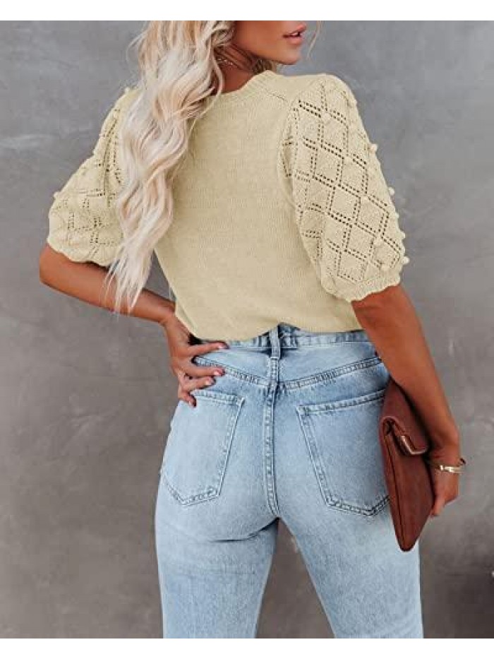 Womens Puff Short Sleeve Pullover Sweaters Tops Spring Soft Crew Neck Dot Loose Lightweight Knit Blouse Shirts 