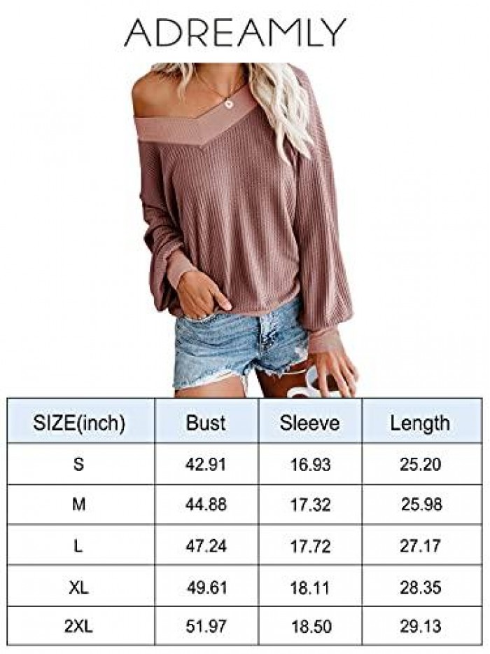 Women's V Neck Long Sleeve Waffle Knit Top Off Shoulder Oversized Pullover Sweater 