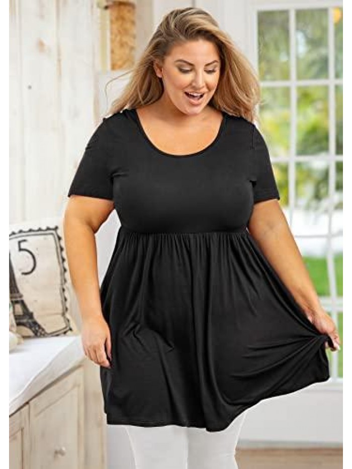 Women's Plus Size Tunic Short Sleeve Clothes Scoop Neck Summer Top Pleated Flowy Loose Fit Babydoll T Shirt L-5X 