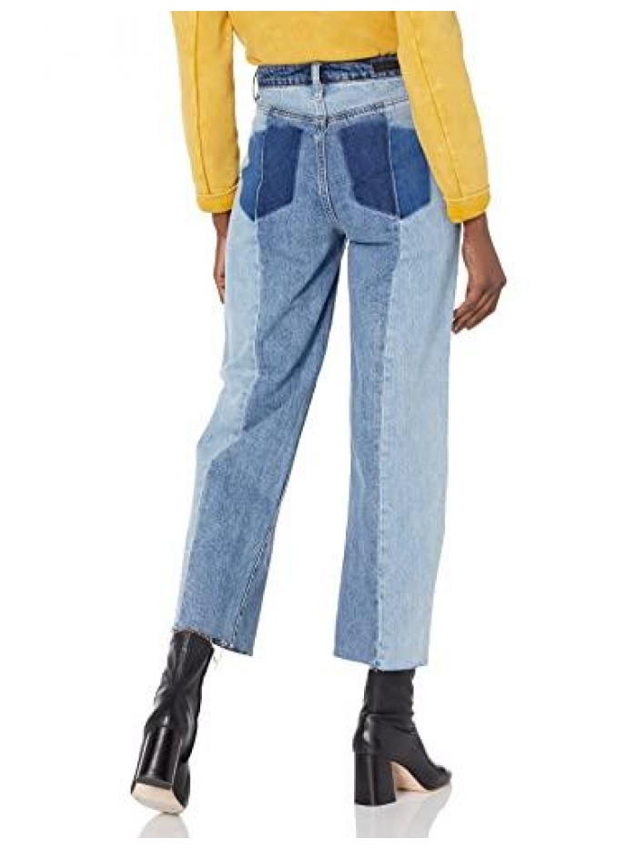 Womens Denim Patchwork Straight Leg Five Pocket Jeans, Stylish Pants & Designer Clothing, Side Lines 