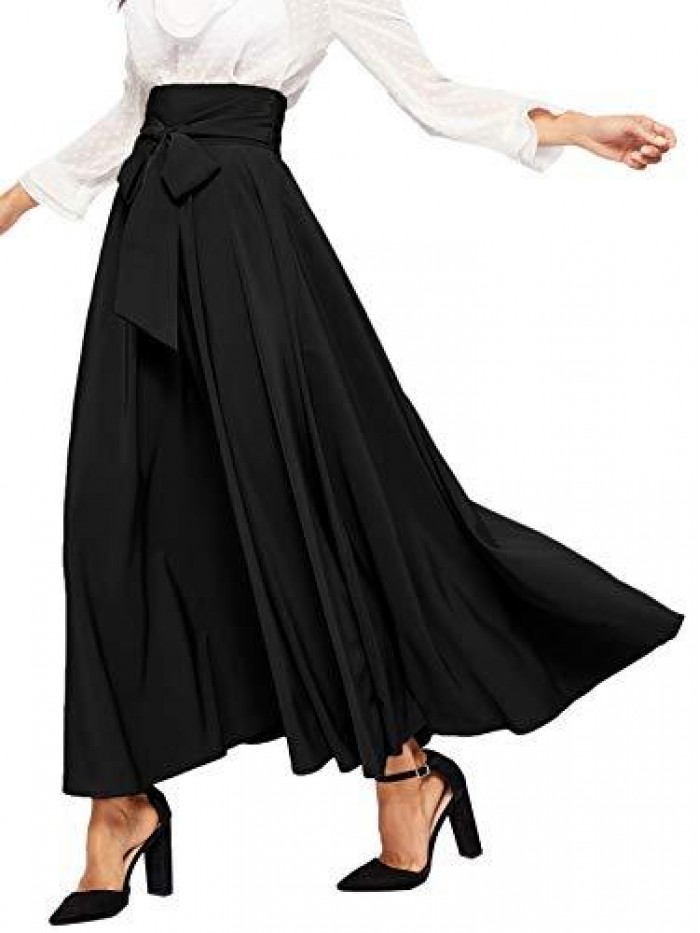 Women's Elegant High Waist Skirt Tie Front Pleated Maxi Skirts 