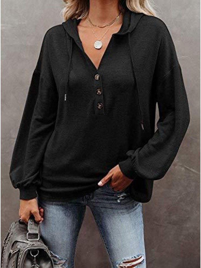 Womens V Neck Long Sleeve Henley Shirts Button Down Sweatshirts Hoodies Tunic Tops with Drawstring 