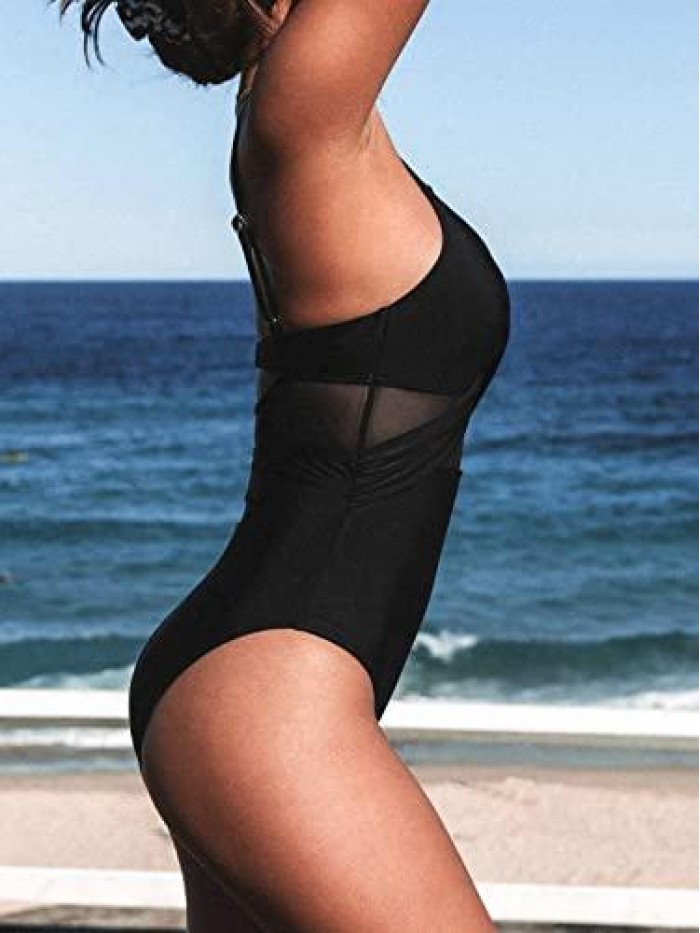 Women V Neck One Piece Swimsuit Wrapped Mesh Tummy Control Bathing Suit with Adjustable Spaghetti Straps 