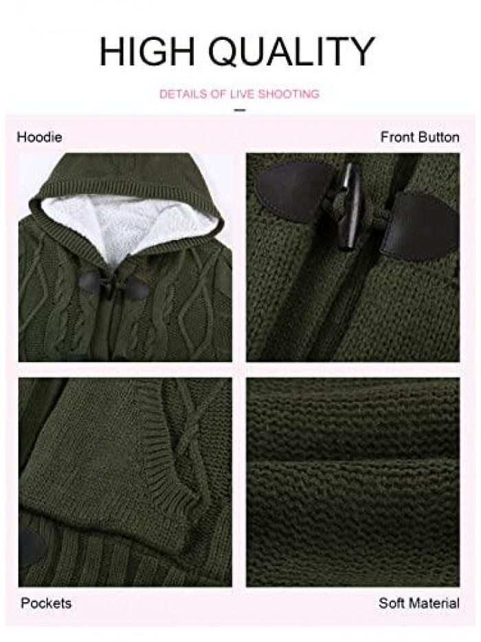 Womens Front Button Hooded Sweater Outwear Cable Knit Long Sleeve Cardigan with Pocket 