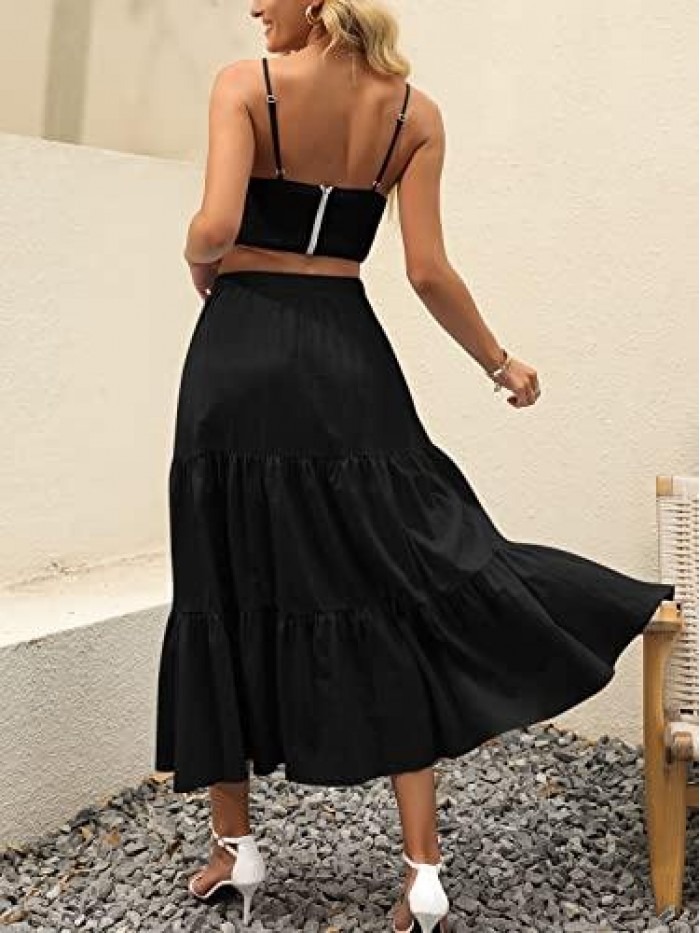 Women’s Summer Boho Elastic Waist Pleated A-Line Flowy Swing Tiered Long Beach Skirt Dress with Pockets 