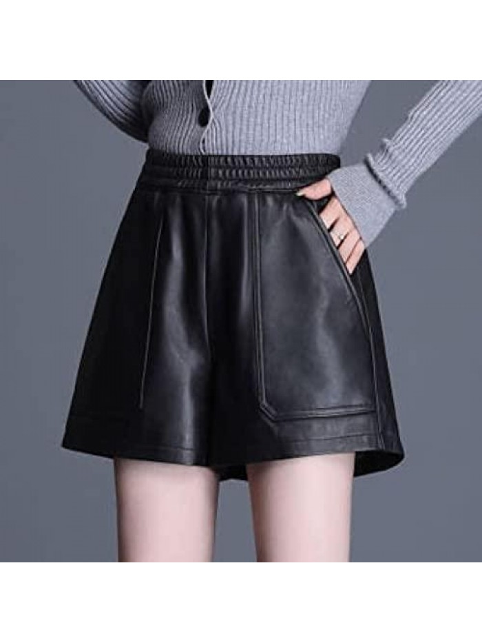 Women Autumn Winter Fashion PU Shorts Female Slim High Waist Wide Leg Shorts Ladies Chic Casual Leather Shorts 