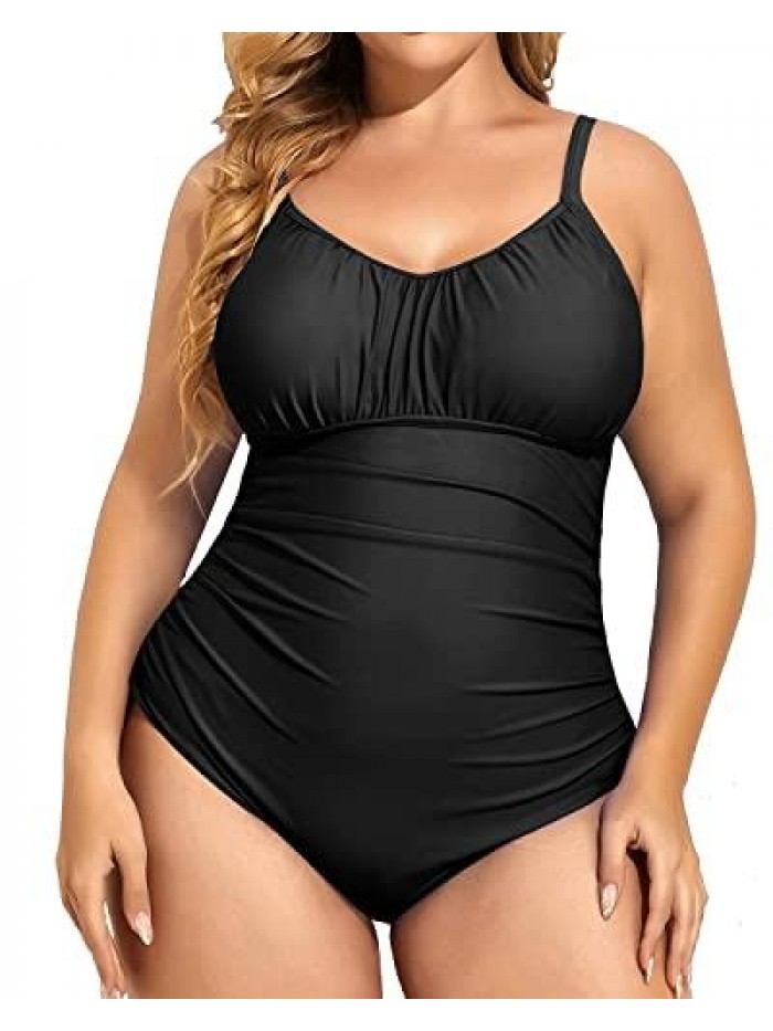 Eve Plus Size Bathing Suit for Women Tummy Control One Piece Swimsuit Vintage Ruched Swimwear 