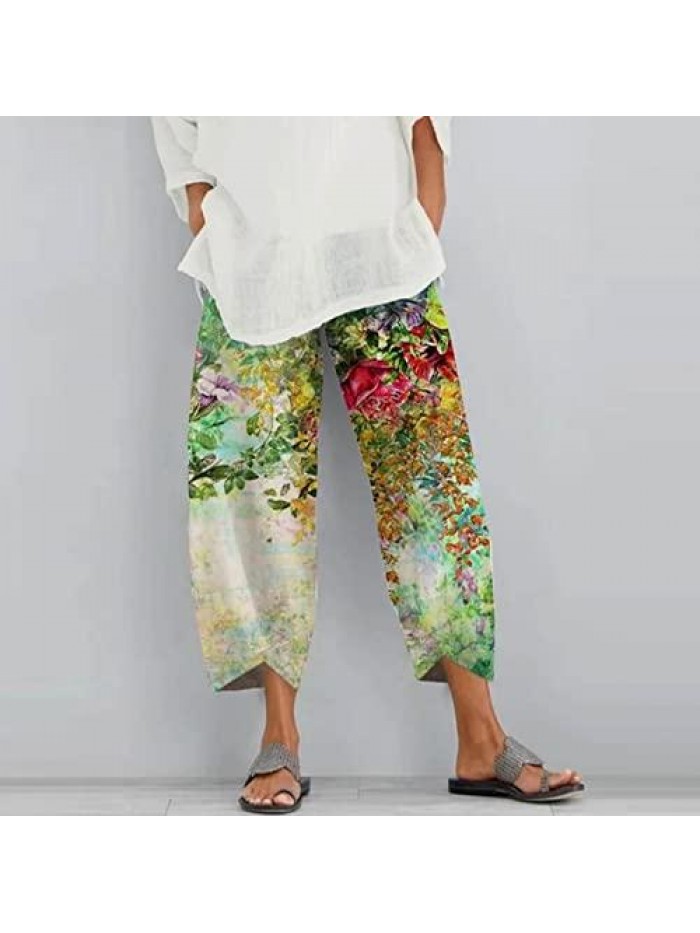 Casual Comfy Palazzo Pants Lightweight Loungewear Flowy Elastic High Waist Wide Leg Pants Printed Cropped Capri Pants 