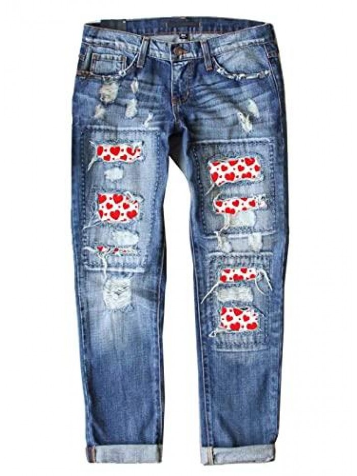 Ripped Jeans for Women Plaid Patch Boyfriend Skinny Distressed Denim Jean Pants 