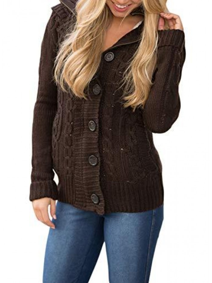 Zecilbo Women's Long Sleeve Button-up Hooded Cardigans Button Knit Cardigan with Pocket