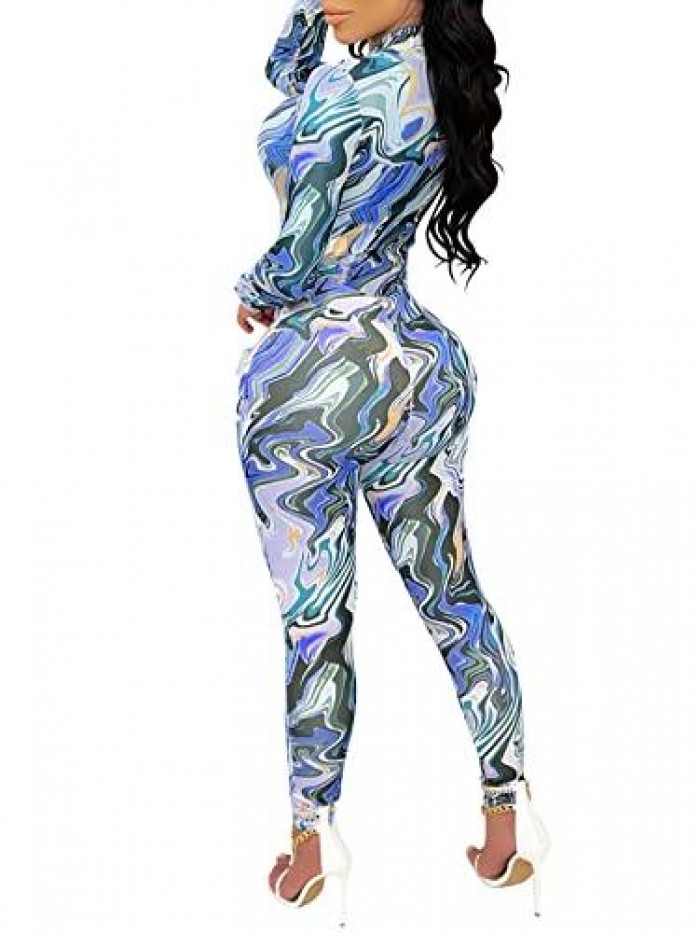 Women's Sexy Long Sleeve 2 Piece Outfits Sheer Mesh Bodysuit Leggings Pant Sets See Through Jumpsuit 