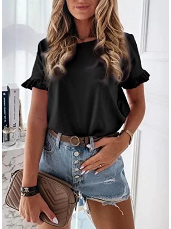 Women's Short Sleeve Casual T Shirts Summer Ruffle Plain Round Neck Loose Fit Tee Blouse Tops 