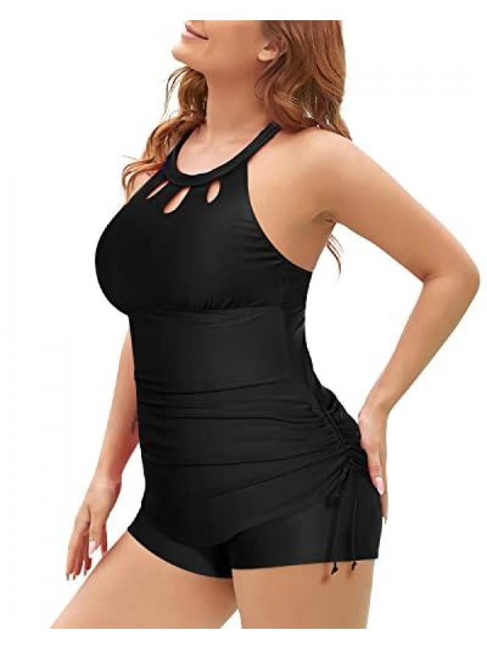 Eve Women Plus Size Two Piece Swimsuit High Neck Tankini Tummy Control Bathing Suit with Shorts 