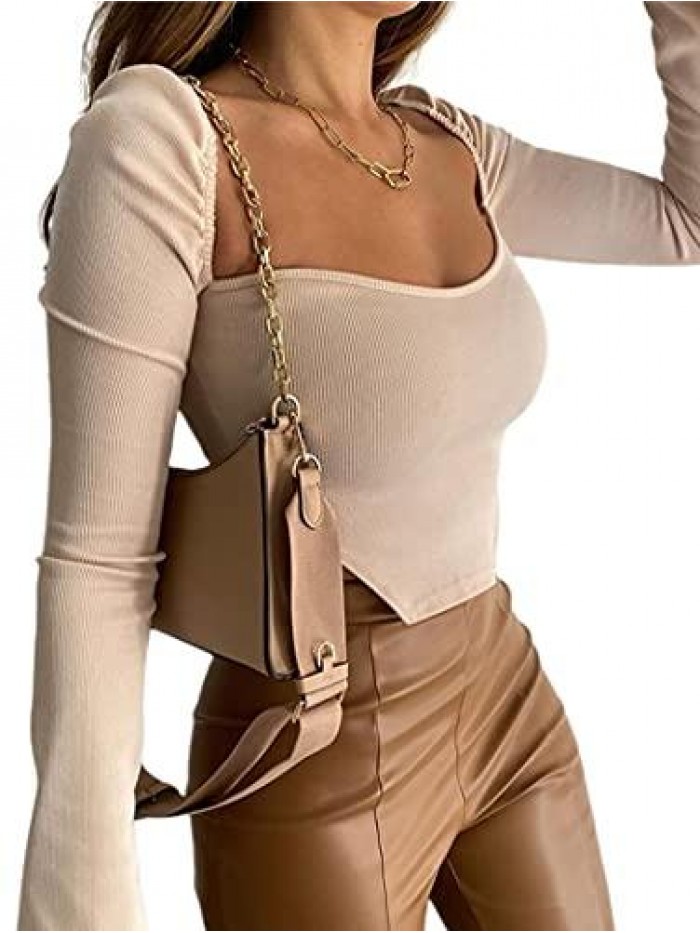 Women's Long Sleeve Ribbed Knit Crop Top Scoop Neck Asymmetrical Hem Tee Shirt 