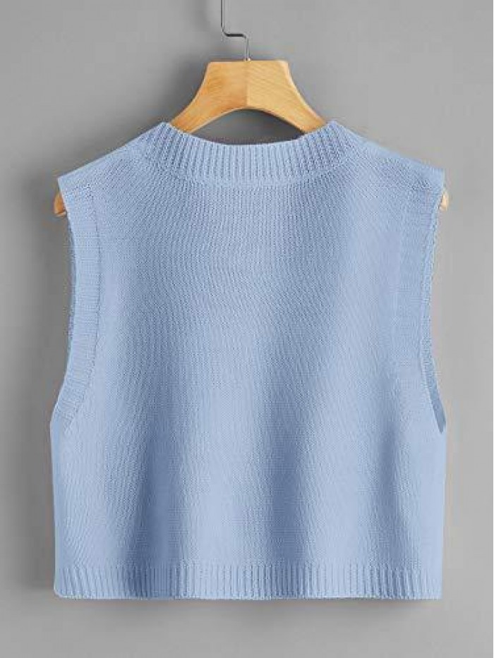 Women's Knit Sweater Vest Women Crop Y2K Sweater Vests V Neck Sleeveless JK Uniform Pullover Knitwear Tops 