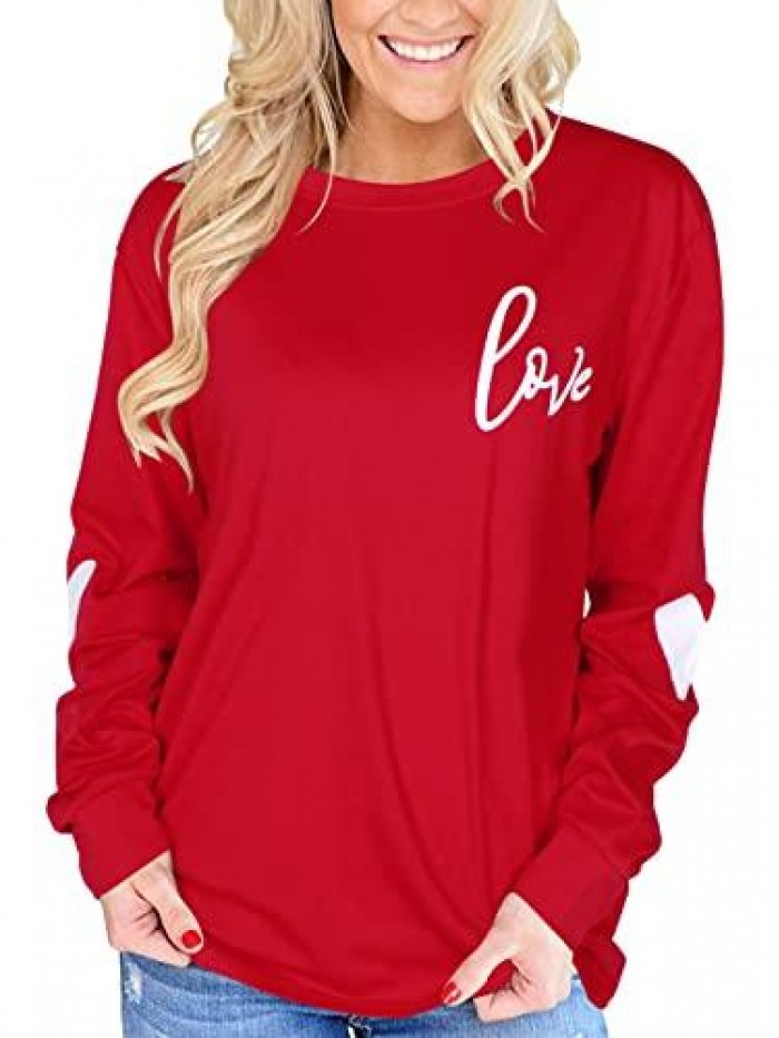Letter Print T Shirt Women Funny Valentine's Day Tee Shirt Love Heart Graphic Long Sleeve Tops 