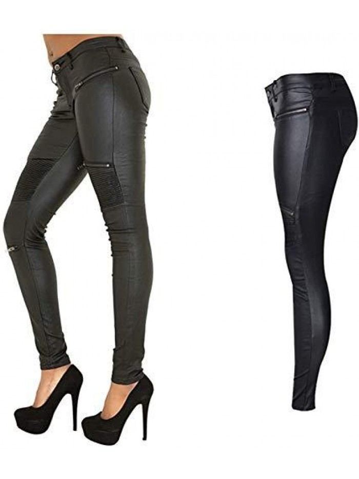 Leather Denim Pants for Women Sexy Tight Stretchy Rider Leggings Black Coffee 