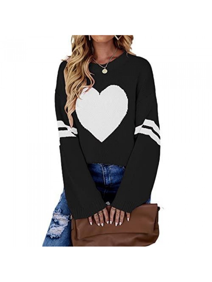 Women Heart Print Sweater Long Sleeve Pullover O-Neck Knitted Blouse Shirt Color Block Valentine Streetwear 