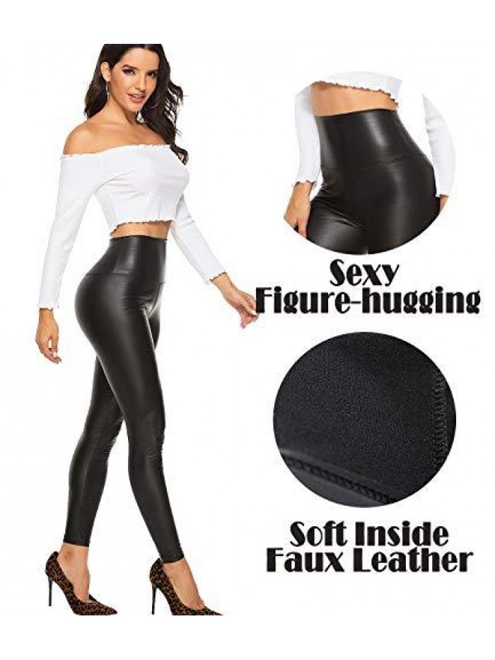 RATA Women's High Waist Faux Leather Leggings PU Butt Lifting Black Sexy Sport Yoga Pants for Causal 