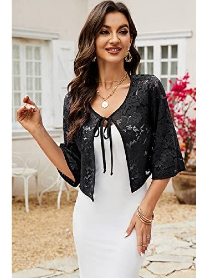 Women 3/4 Bell Sleeve Lace Floral Cropped Bolero Shrug Open Front Cardigan 